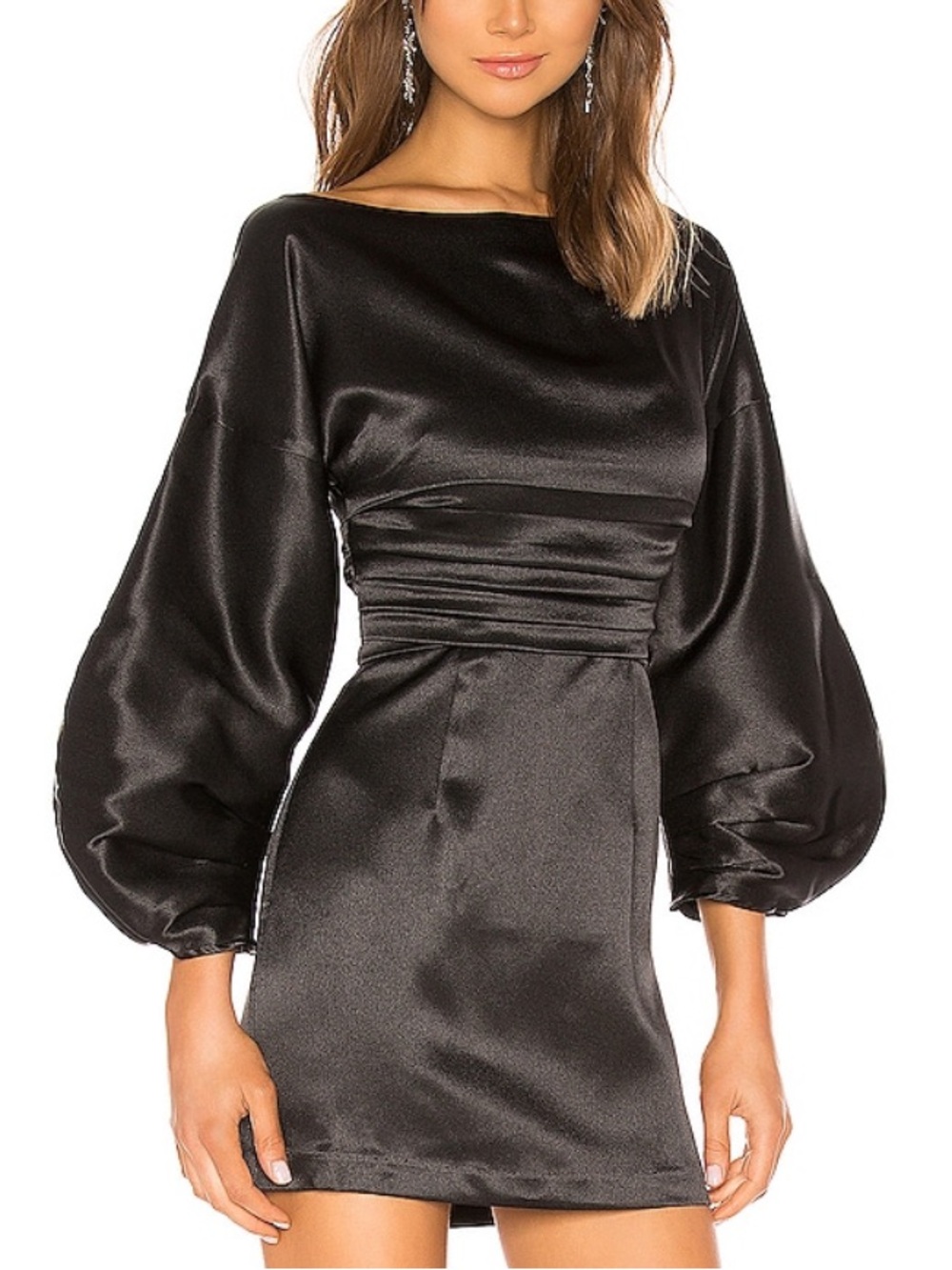 Revolve - Hours Black Satin Puff-Sleeve Mini cocktail formal Dress